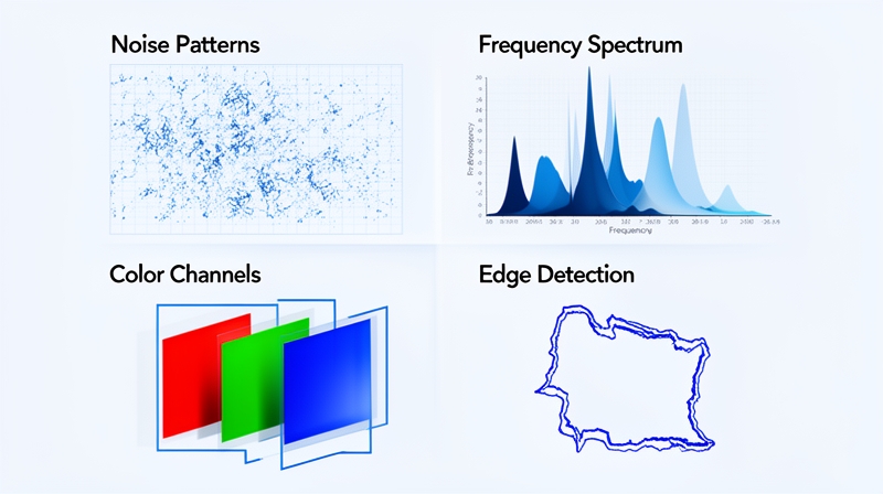 Four core AI detection signals: noise patterns, frequency analysis, color channels, and edge coherence